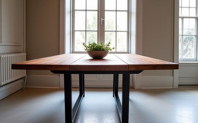 A modern, minimalist bespoke metal dining table with a rich wooden top