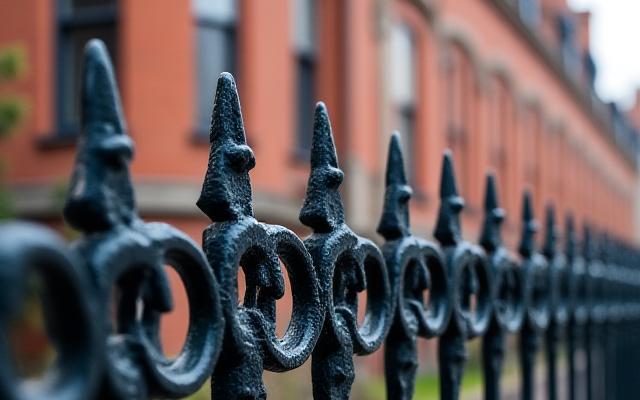 Ornate Georgian-style wrought iron railings in front of a historic Dublin building