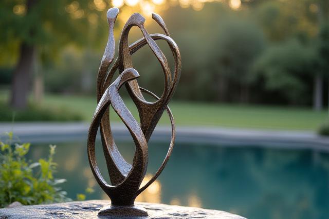 An abstract metal sculpture with swirling forms, displayed outdoors.