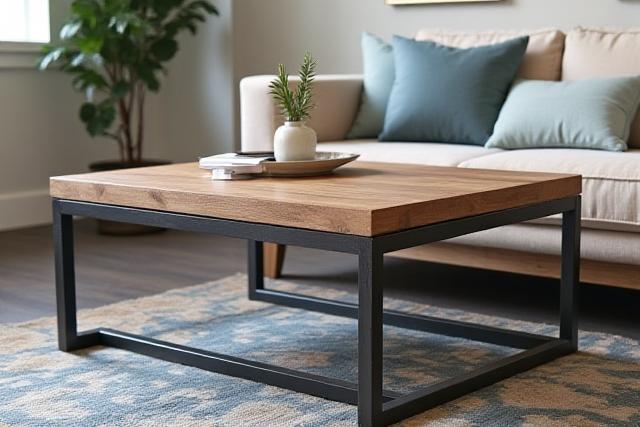 Stylish metal and wood coffee table in a modern living space.