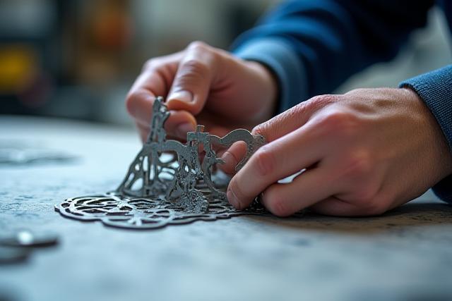Complex custom metal part being inspected by a craftsman.